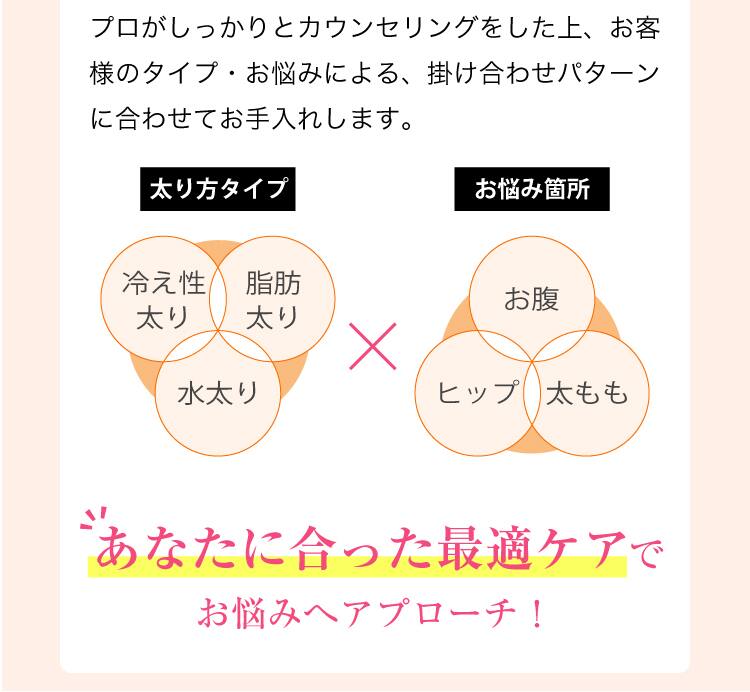 
        プロがしっかりとカウンセリングした上、お客様のタイプ・お悩みによる、掛け合わせパターンに合わせてお手入れします。
        太り方タイプ、冷え性太り・脂肪太り・水太り、お悩みヵ所、お腹・ヒップ・太もも、あなたに合った最適ケアでお悩みへアプローチ!