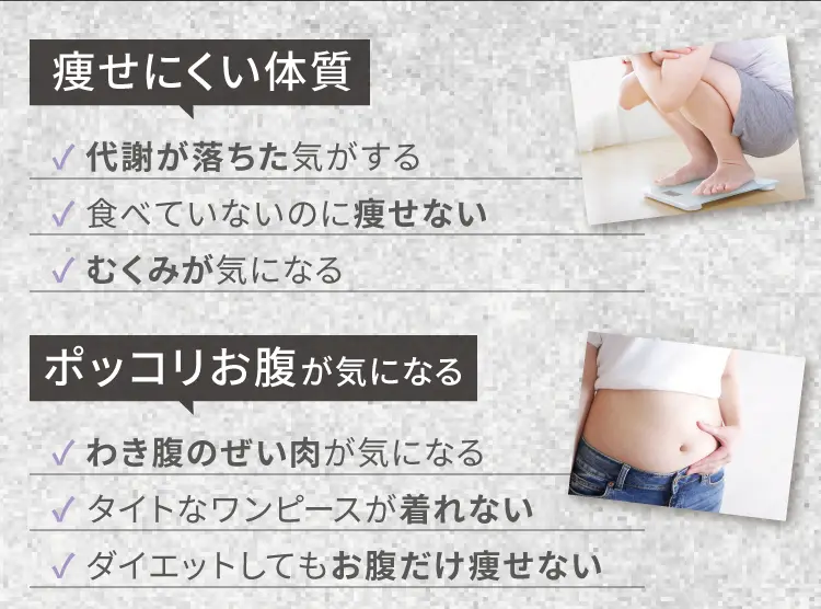 
        痩せにくい体質
        代謝が落ちた気がする
        食べていないのに痩せない
        むくみが気になる
        ポッコリお腹が気になる
        わき腹のぜい肉が気になる
        タイトなワンピースが着れない
        ダイエットしてもお腹だけ痩せない