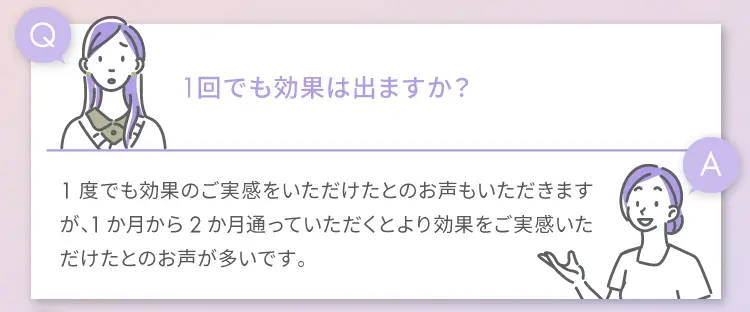 Q 1回でも効果は出ますか？
                A 1度でも効果のご実感をいただけたとのお声もいただきますが、
                1か月から2か月通っていただくとより効果をご実感いただけたとのお声が多いです。