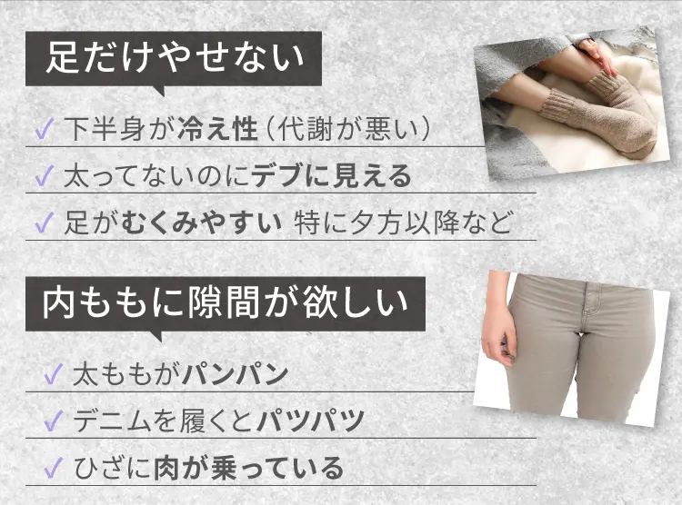 足だけ痩せない
                下半身が冷え性（代謝が悪い）
                太ってないのにデブに見える
                足がむくみやすい 特に夕方以降など
                内ももに隙間が欲しい
                太ももがパンパン
                デニムを履くとパツパツ
                ひざに肉が乗っている