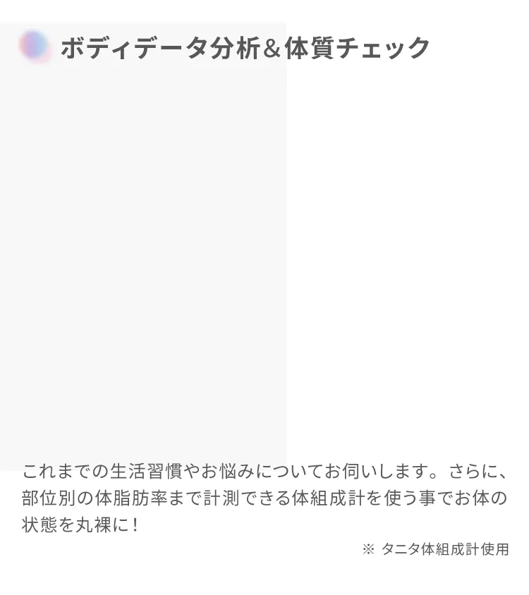 ボディデータ分析＆体質チェック
                    これまでの生活習慣やお悩みについてお伺いします。
                    さらに、部位別の体脂肪率まで計測できる体組成計を使う事でお体の状態を丸裸に！