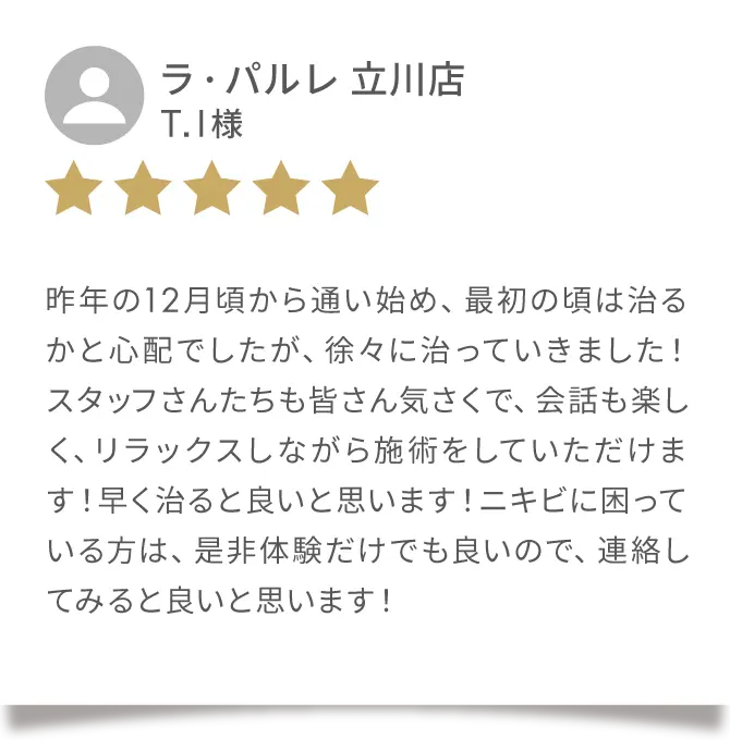Google クチコミ01
                            ラ・パルレ 立川店
                            T.I 様
                            昨年の12月頃から通い始め、最初の頃は治るかと心配でしたが、徐々に治っていきました！スタッフさんたちも皆さん気さくで、会話も楽しく、リラックスしながら施術をしていただけます!早く治ると良いと思います！ニキビに困っている方は、是非体験だけでも良いので、連絡してみると良いと思います！