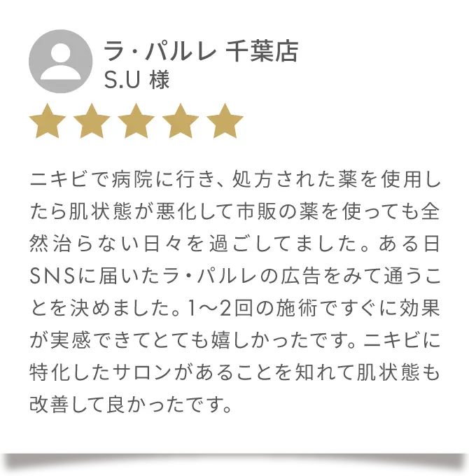 Google クチコミ03
                            ラ・パルレ 千葉店
                            S.U 様
                            ニキビで病院に行き、処方された薬を使用したら肌状態が悪化して市販の薬を使っても全然治らない日々を過ごしてました。ある日S N S に届いたラ・パルレの広告をみて通うことを決めました。1~2回の施術ですぐに効果が実感できてとても嬉しかったです。ニキビに特化したサロンがあることを知れて肌状態も改善して良かったです。