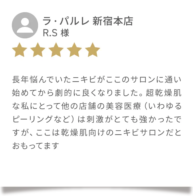 Google クチコミ05
                            ラ・パルレ 新宿本店
                            R.S 様
                            長年悩んでいたニキビがここのサロンに通い始めてから劇的に良くなりました。超乾燥肌 ーな私にとって他の店舗の美容医療(いわゆるピ ー リングなど)は刺激がとても強かったですが、ここは乾燥肌向けのニキビサロンだとおもってます