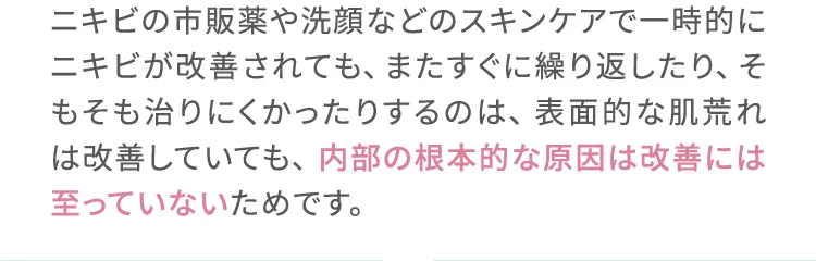 ニキビの市販薬や洗顔などのスキンケアで一時的にニキビが改善されても、またすぐに繰り返したり、そもそも治りにくかったりするのは、表面的な肌荒れは改善していても、内部の根本的な原因は改善には至っていないためです。