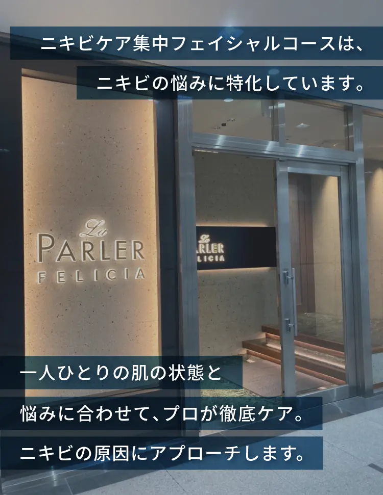ニキビケア集中フェイシャルコースは、ニキビの悩みに特化しています。
        一人ひとりの肌の状態と悩みに合わせて、プロが徹底ケア。ニキビの原因にアプローチします。