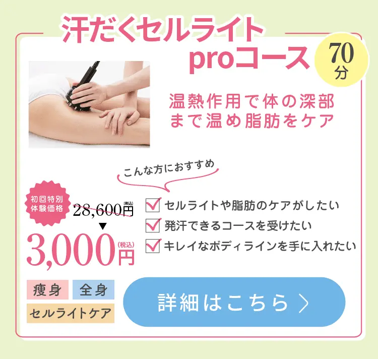 汗だくセルライトproコース70分 温熱作用で体の深部まで温め脂肪をケア 初回特別体験価格3,000円