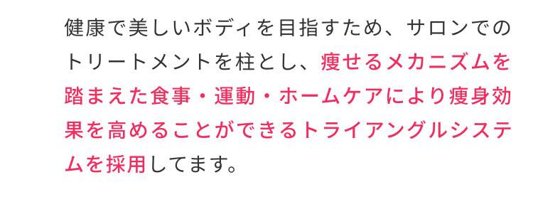 健康で美しいボディを目指すため、サロンでのトリートメントを柱とし、痩せるメカニズムを踏まえた食事・運動・ホームケアにより痩身効果を高めることができるトライアングルシステムを採用しています。