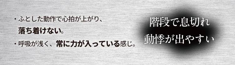階段で息切れ動悸が出やすい
・ふとした動作で心拍が上がり、落ち着けない。
・呼吸が浅く、常に力が入っている感じ。