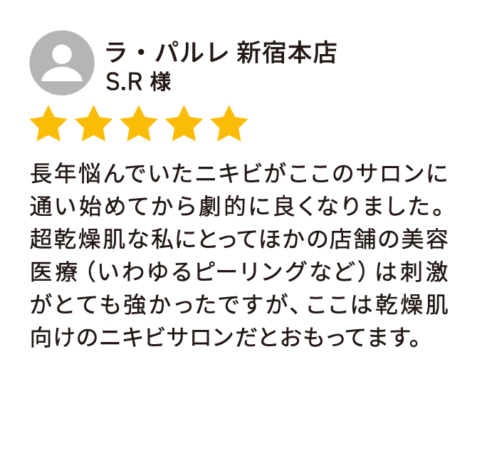 Google クチコミ02
                            ラ・パルレ 新宿本店
                            S.R 様
                            長年悩んでいたニキビがここのサロンに通い始めてから劇的に良くなりました。超乾燥肌な私にとってほかの店舗の美容医療（いわゆるピーリングなど）は刺激がとても強かったですが、ここは乾燥肌向けのニキビサロンだとおもってます。