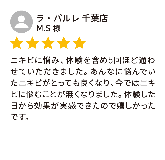 Google クチコミ04
                            ラ・パルレ 千葉店
                            M.S 様
                            ニキビに悩み、体験を含め5回ほど通わせていただきました。あんなに悩んでいたニキビがとっても良くなり、今ではニキビに悩むことが無くなりました。体験した日から効果が実感できたので嬉しかったです。
