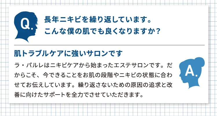 Q 長年ニキビを繰り返しています。こんな僕の肌でも良くなりますか? A 肌トラブルケアに強いサロンです。ラ・バルレはニキビケアから始まったエステサロンです。だからこそ、今できることをお肌の段階やニキビの状態に合わせてお伝えしています。繰り返さないための原因の追求と改善に向けたサポートを全力でさせていただきます。