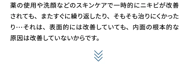 薬の使用や洗顔などのスキンケアで一時的にニキビが改善されても、またすぐに繰り返したり、そもそも治りにくかったり・・・
        それは、表面的には改善していても、内面の根本的な原因は改善していないからです。