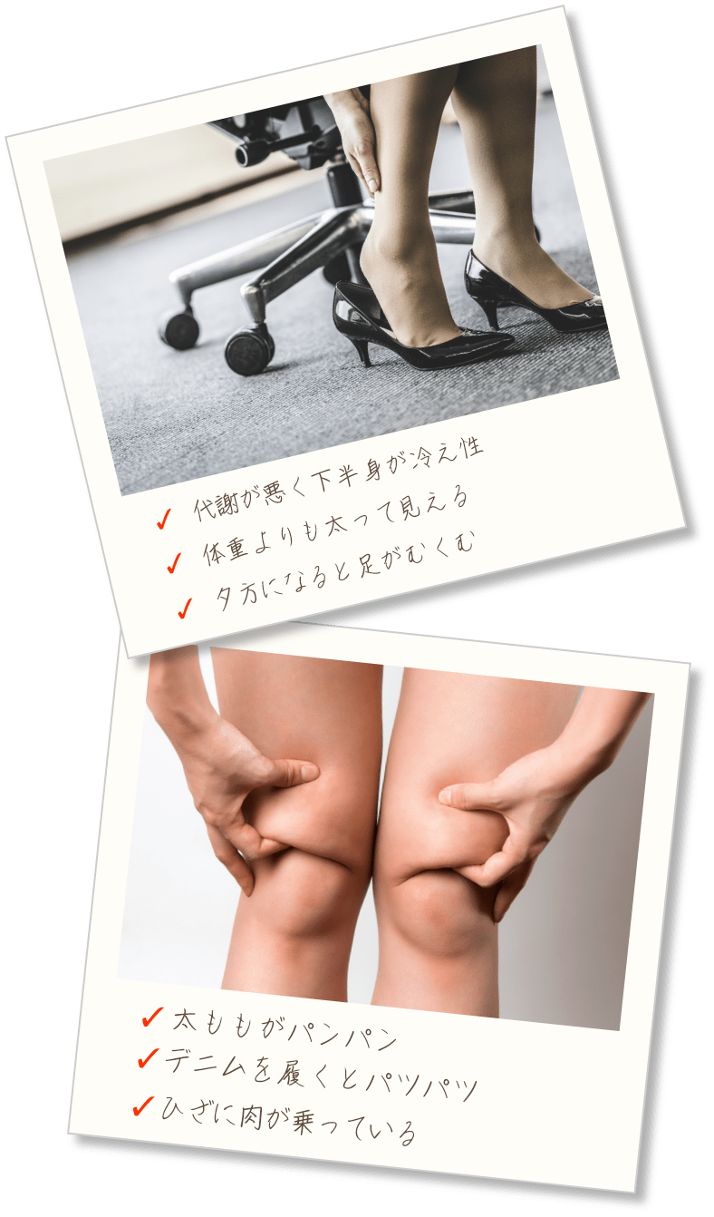 足だけ痩せない悩み イメージ PC用 (代謝が悪く下半身が冷え性/体重よりも太って見える/夕方になると足がむくむ/太ももがパンパン/デニムを履くとパツパツ/ひざに肉が乗っている)